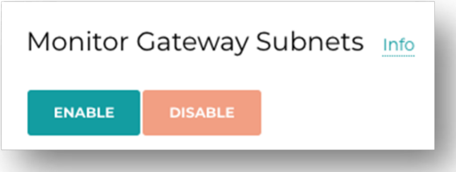 Controller UI showing Monitor Gateway Subnets feature with Enable and Disable buttons
