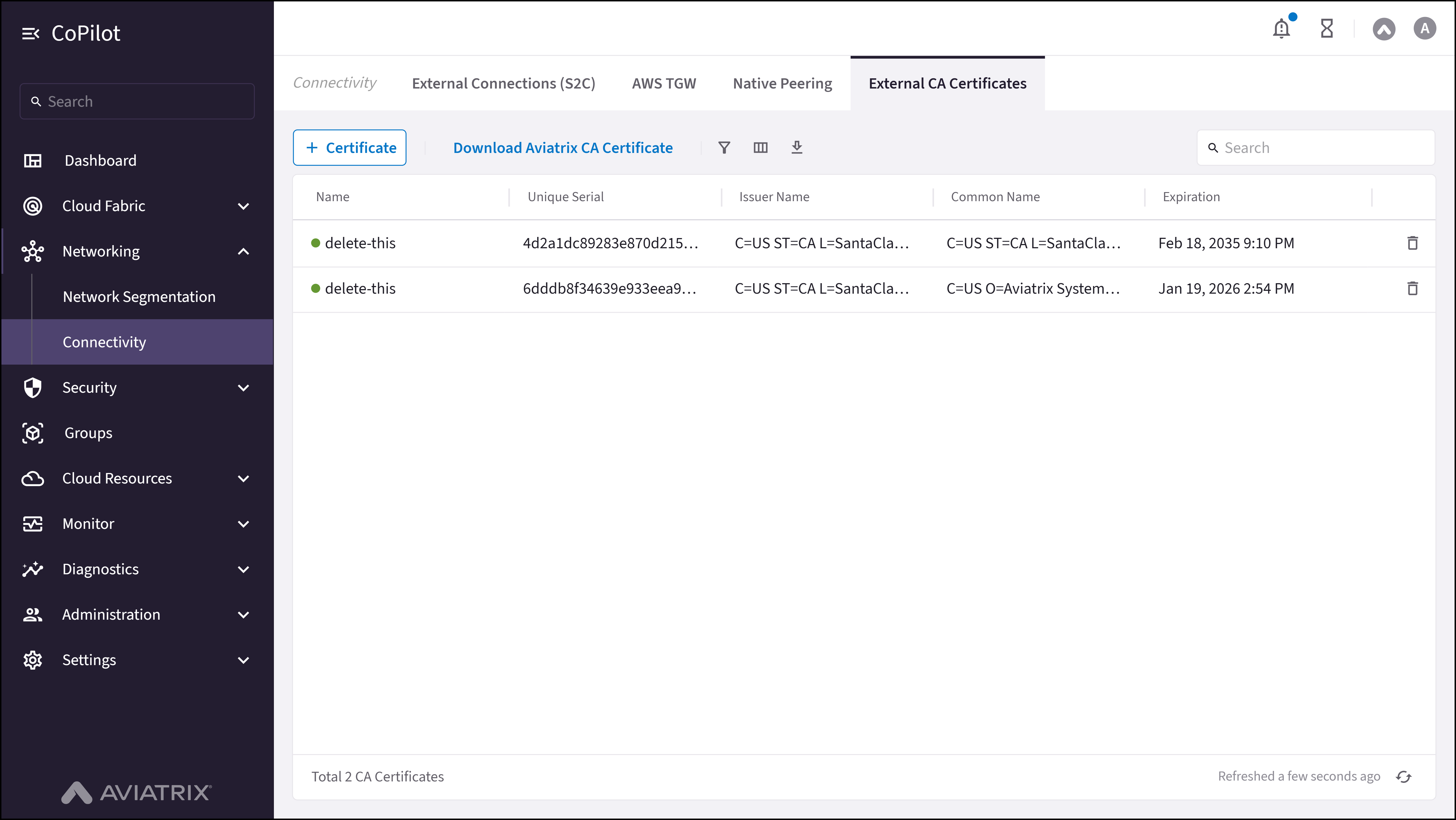 Connectivity: External CA Certificates
