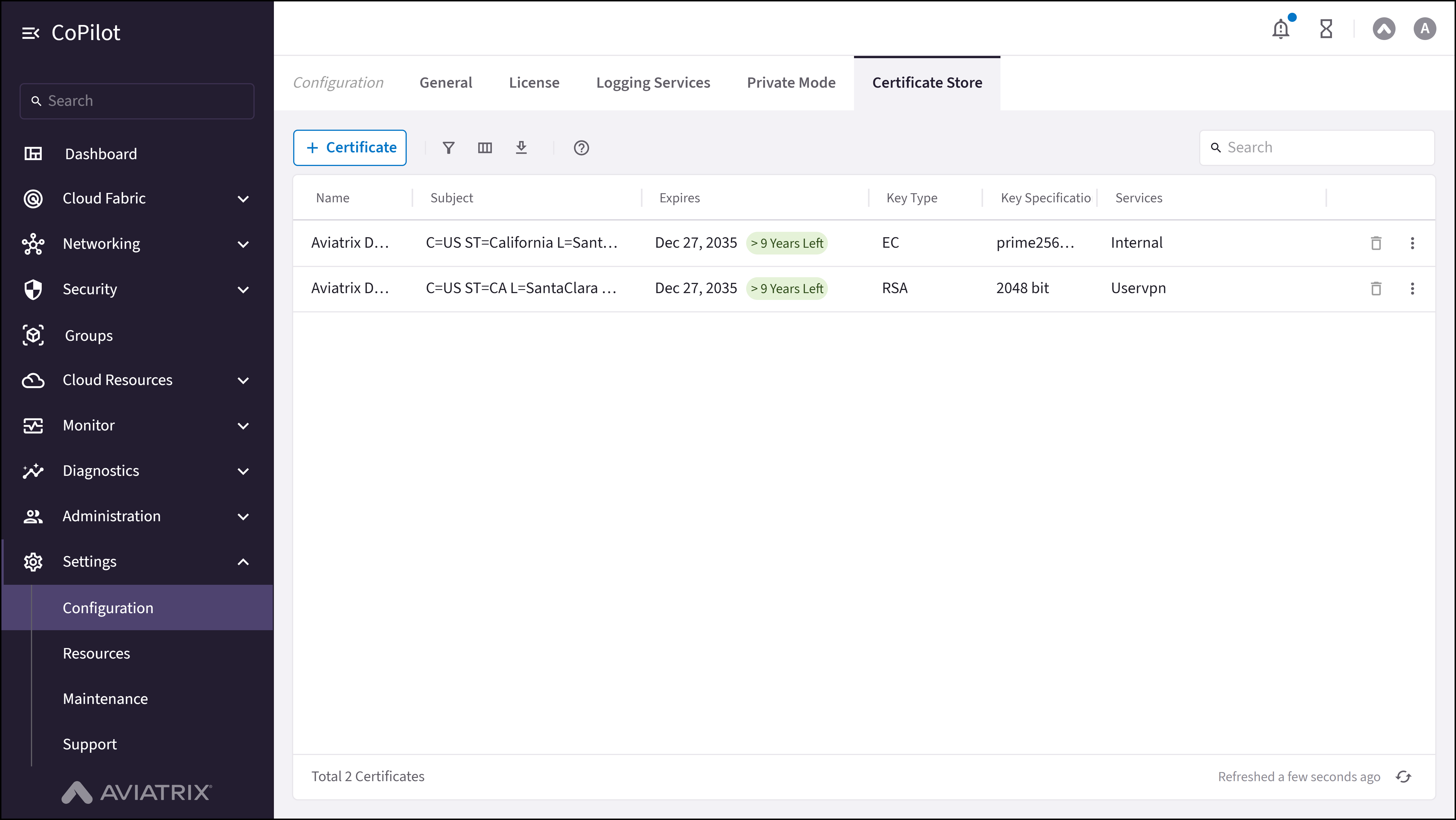Configuration: Certificate Store