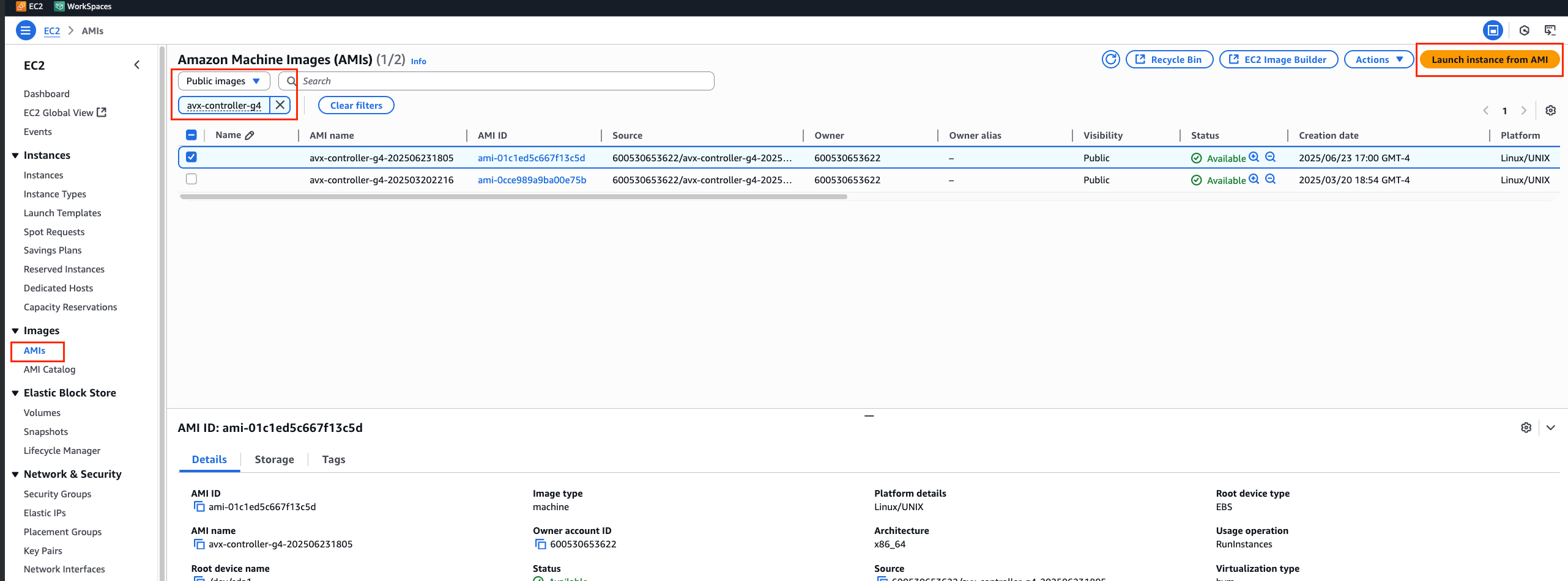 Select AMI for Aviatrix Controller in AWS EC2
console