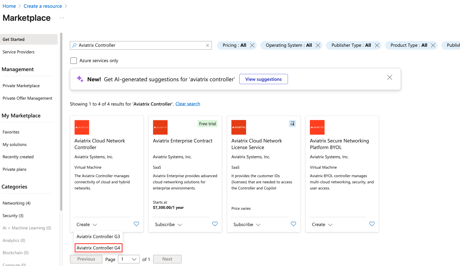 Aviatrix Cloud Network Controller listing in the Azure
Marketplace