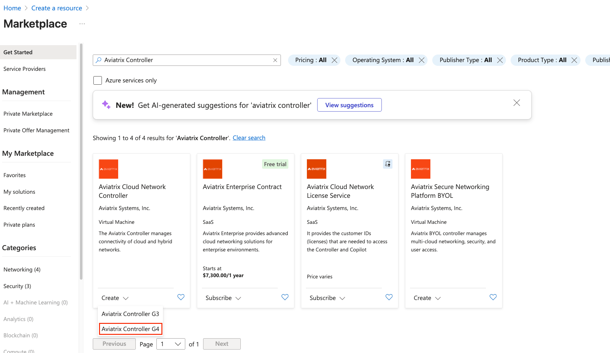 Aviatrix Cloud Network Controller listing in the Azure
Marketplace