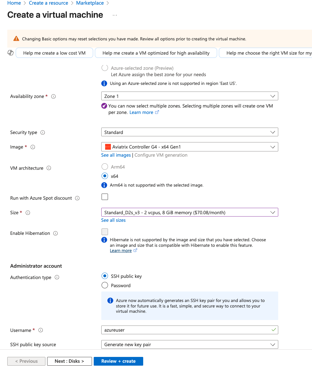 Azure VM configuration settings for the Aviatrix Controller
deployment