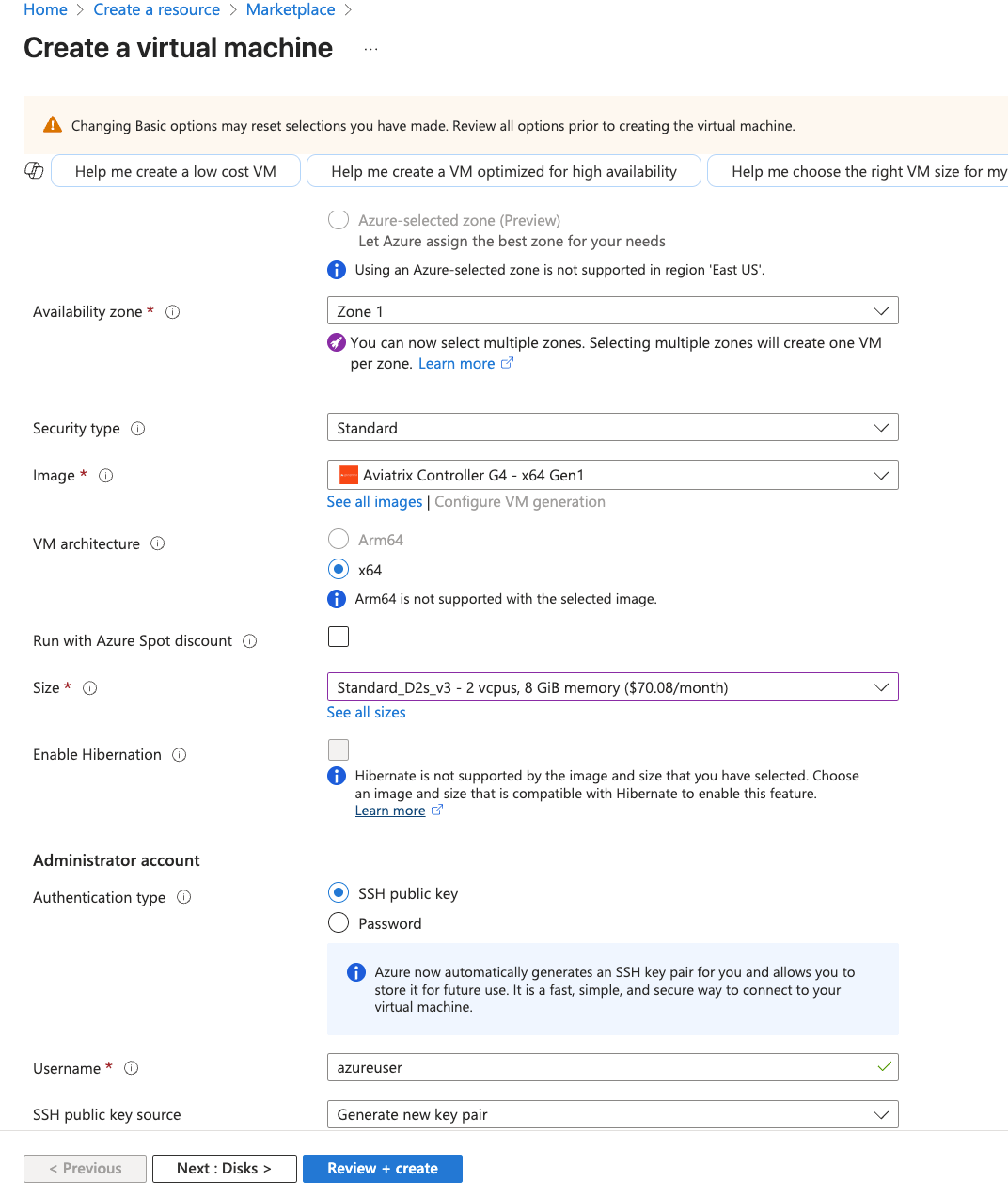 Azure VM configuration settings for the Aviatrix Controller
deployment