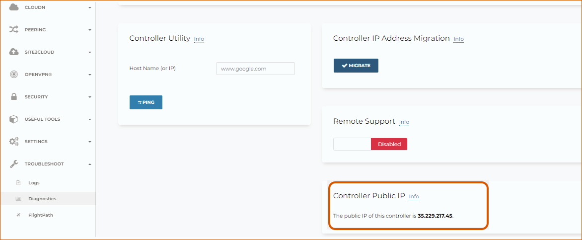 Controller IP Address Migration section after migration