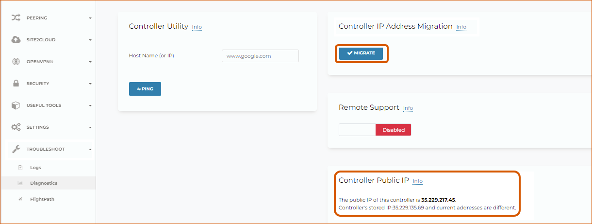 Controller IP Address Migration section before migration