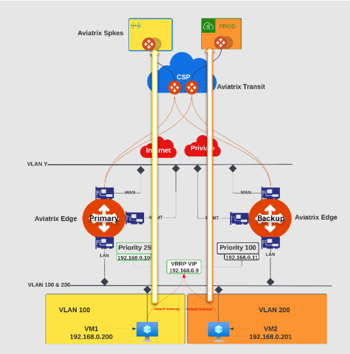 VLAN segmentation diagram showing on-premises VLAN 100 and VLAN 200 associated to their respective network domains and CSP workloads