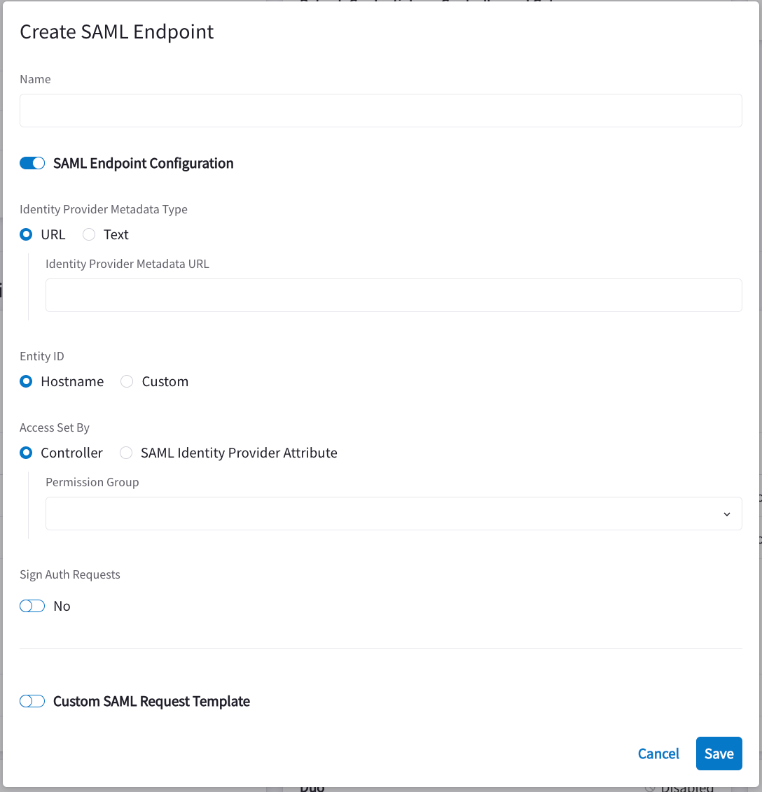 Create SAML Endpoint dialog