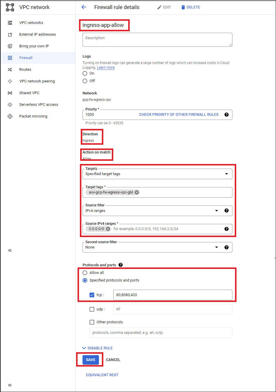 GCP firewall rule for ingress