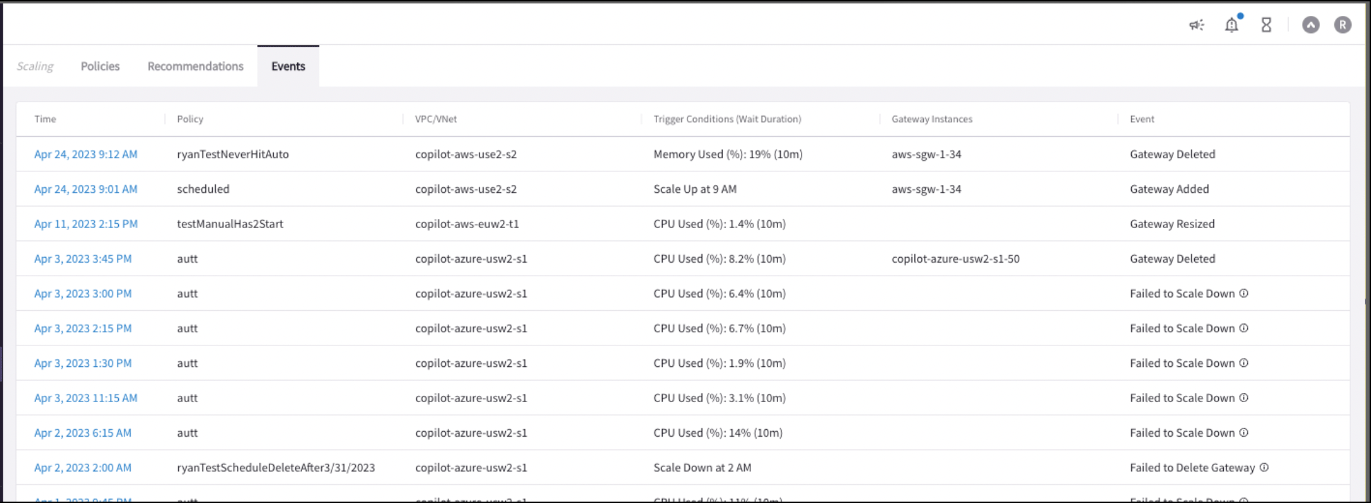 gateway scaling events