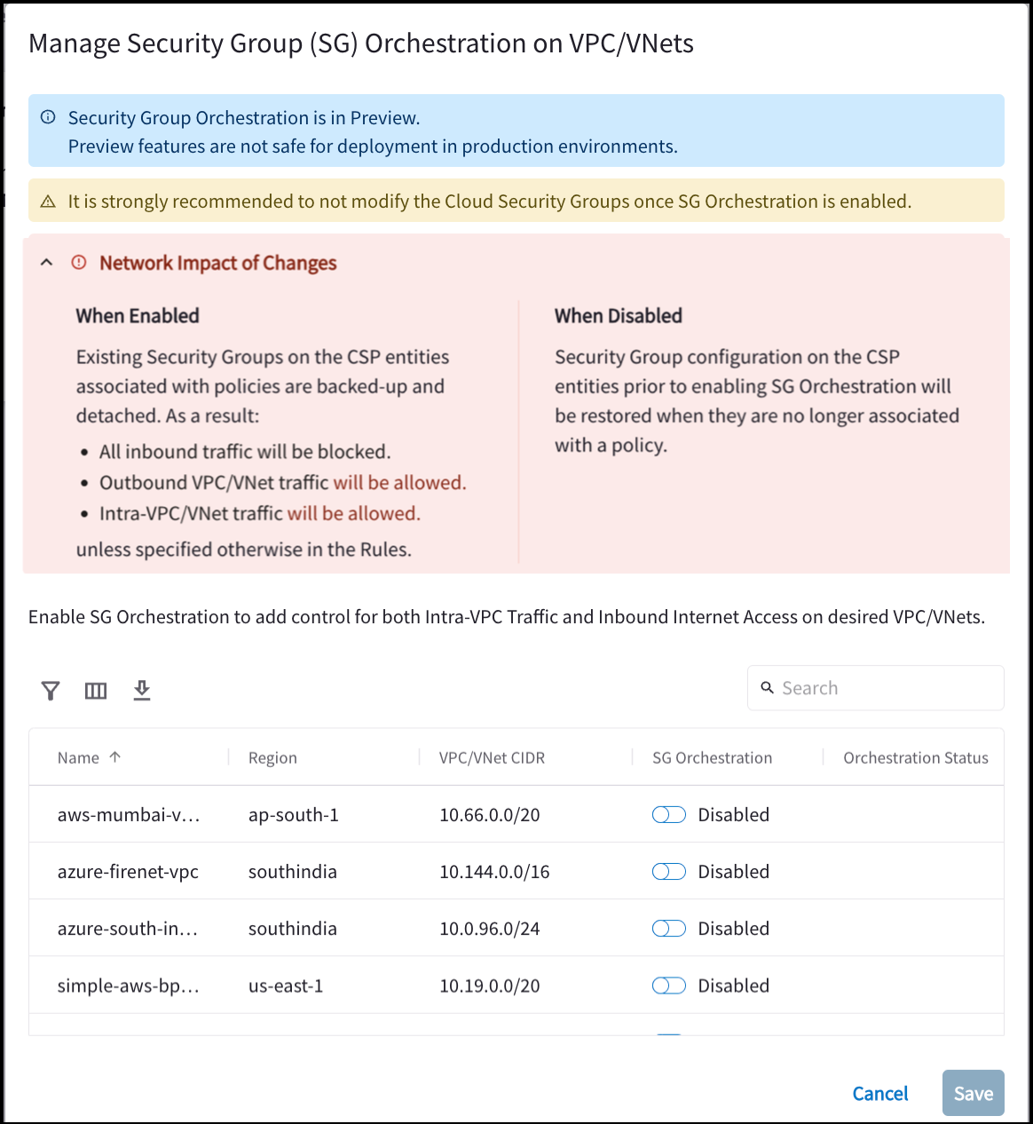Manage Security Group Orchestration on VPC/VNets dialog
