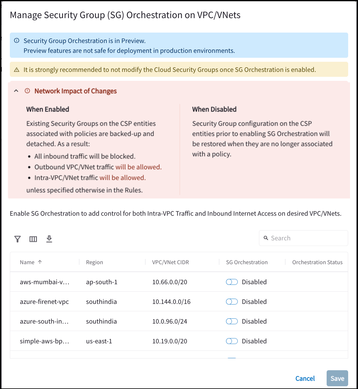 Manage Security Group Orchestration on VPC/VNets dialog