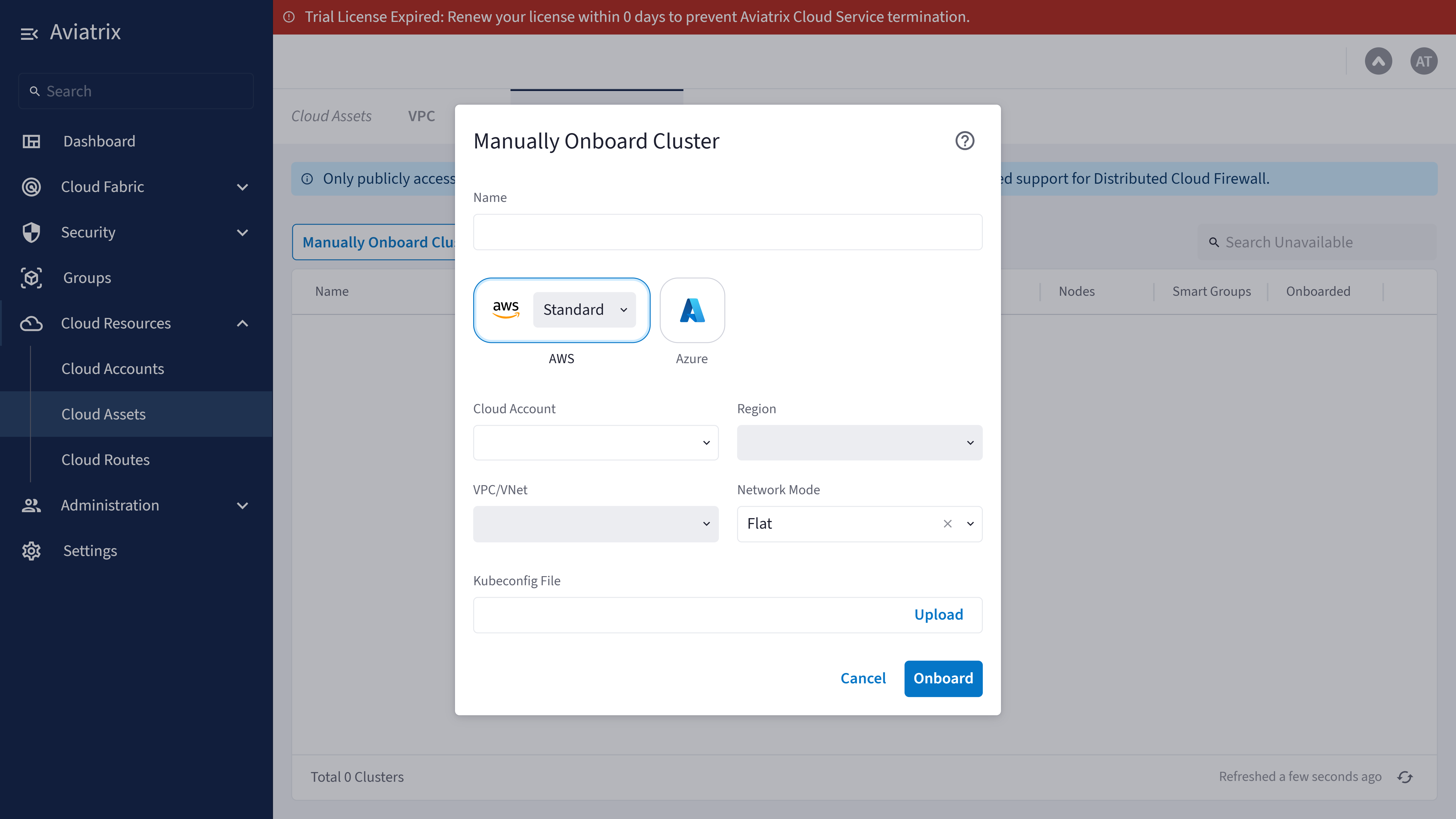 Manually Onboard Cluster dialog showing cloud provider selection, cluster name, cloud account, region, VPC/VNet, network mode, and a kubeconfig file upload field
