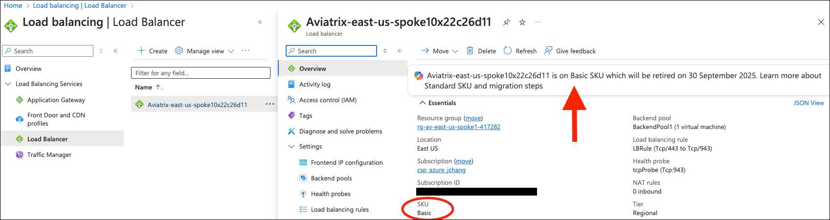 Azure Load Balancer search results showing Basic SKU