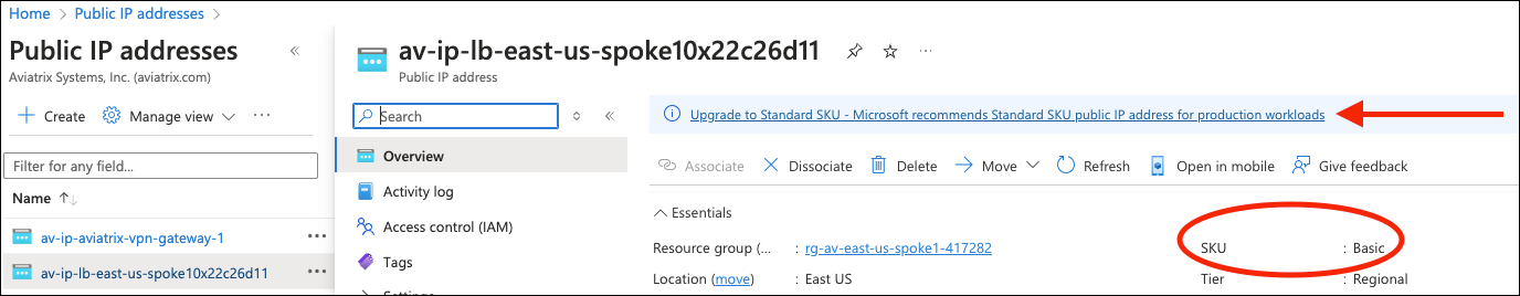 Azure public IP addresses showing Basic SKU