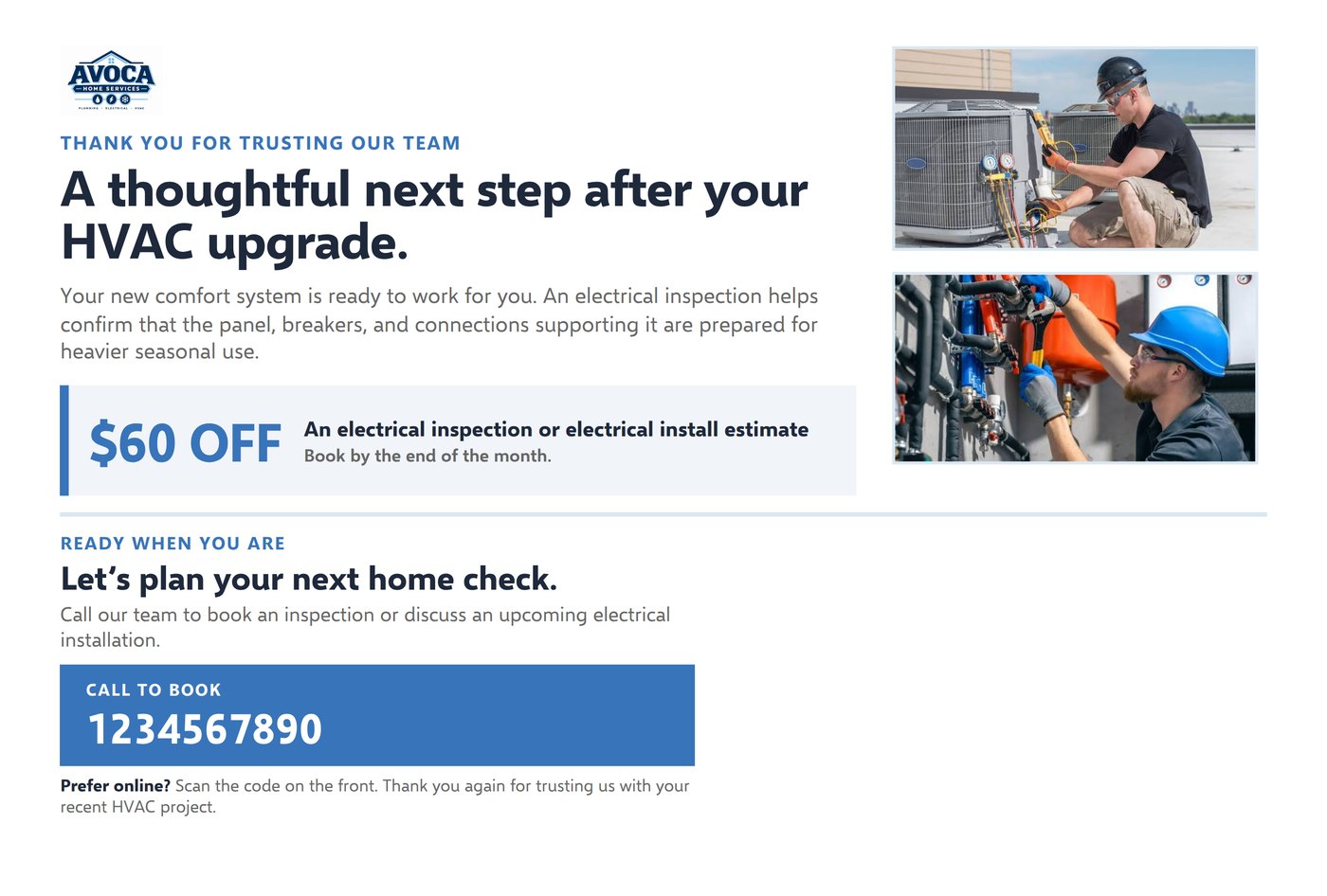 Back of a cross-sell mailer explaining the offer, with a phone number and booking call to action