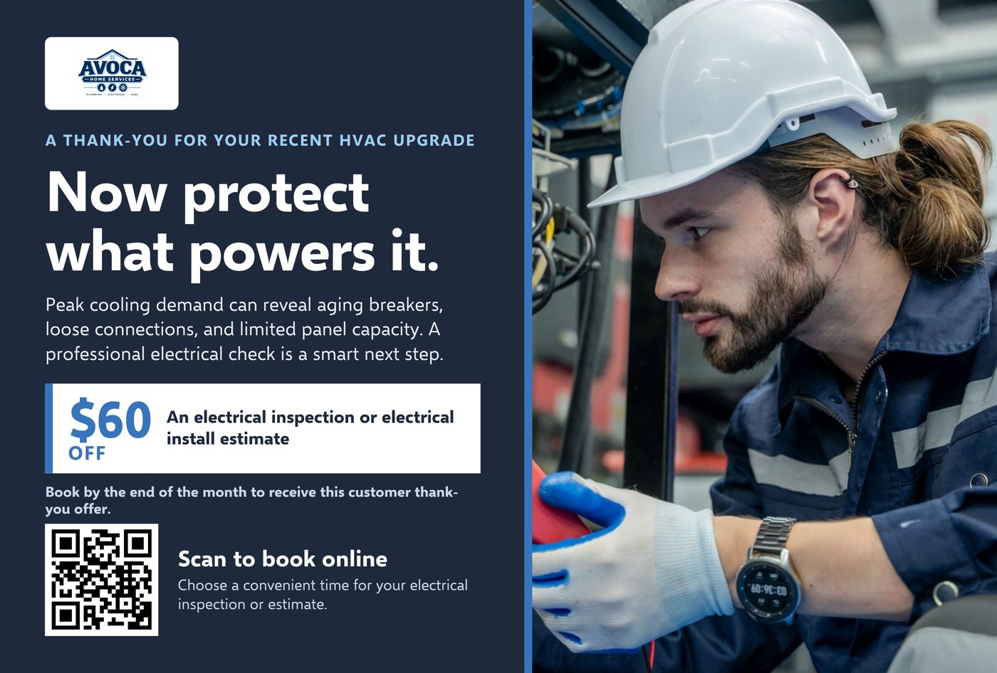 Front of a cross-sell mailer thanking a customer for a recent install and offering money off a plumbing inspection