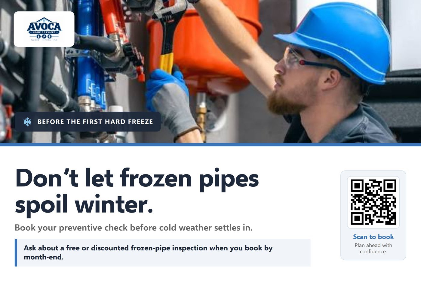 Front of an emergency-readiness mailer naming a seasonal risk and inviting a preventive inspection