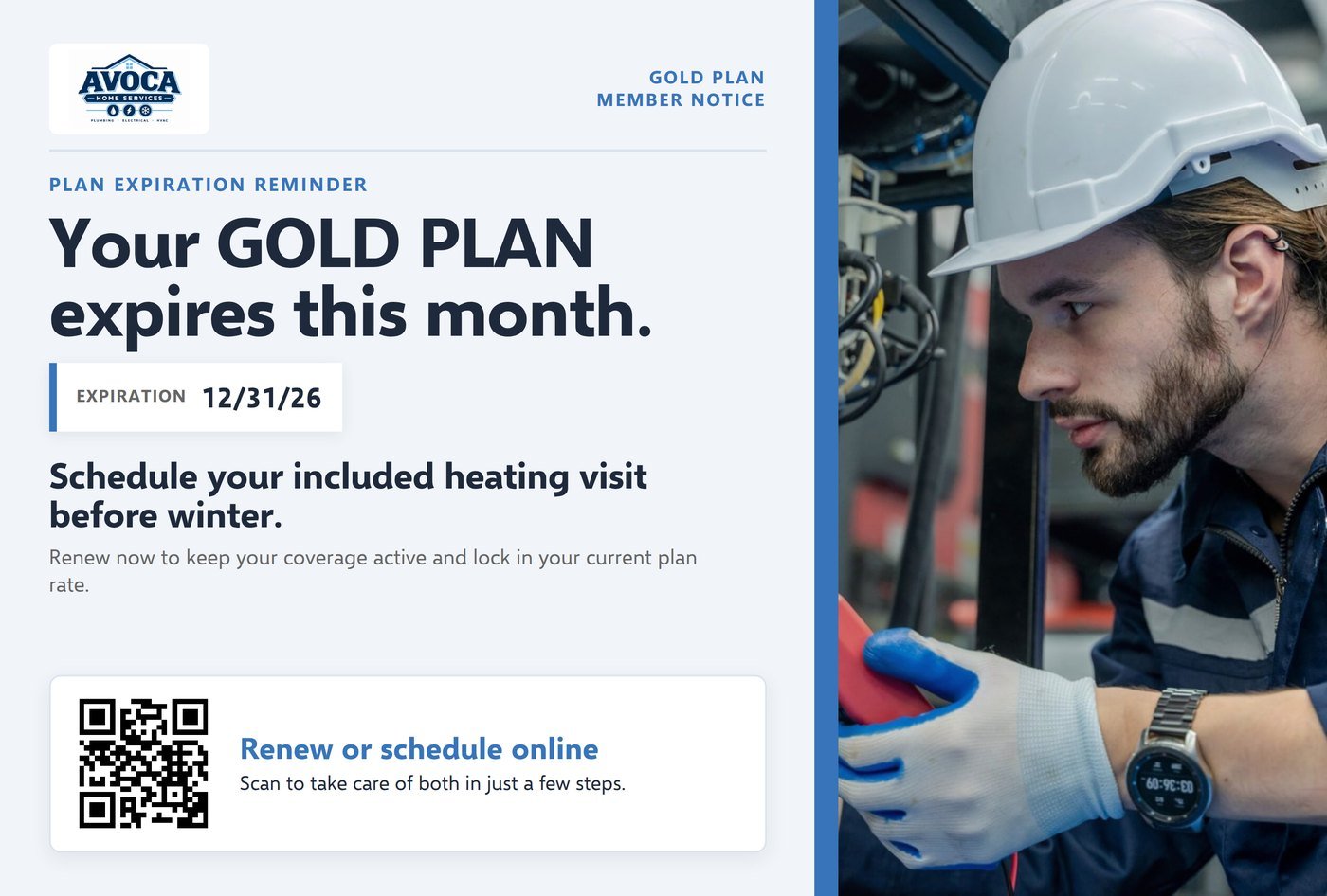 Front of an expiring membership mailer showing the expiration date and a call to schedule the included visit