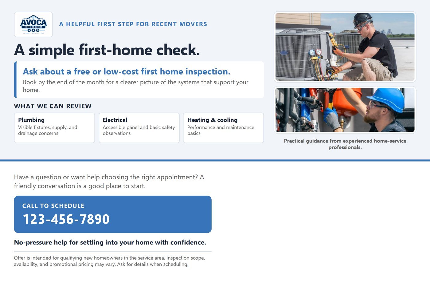 Back of a new mover mailer with the offer details and what the home inspection covers