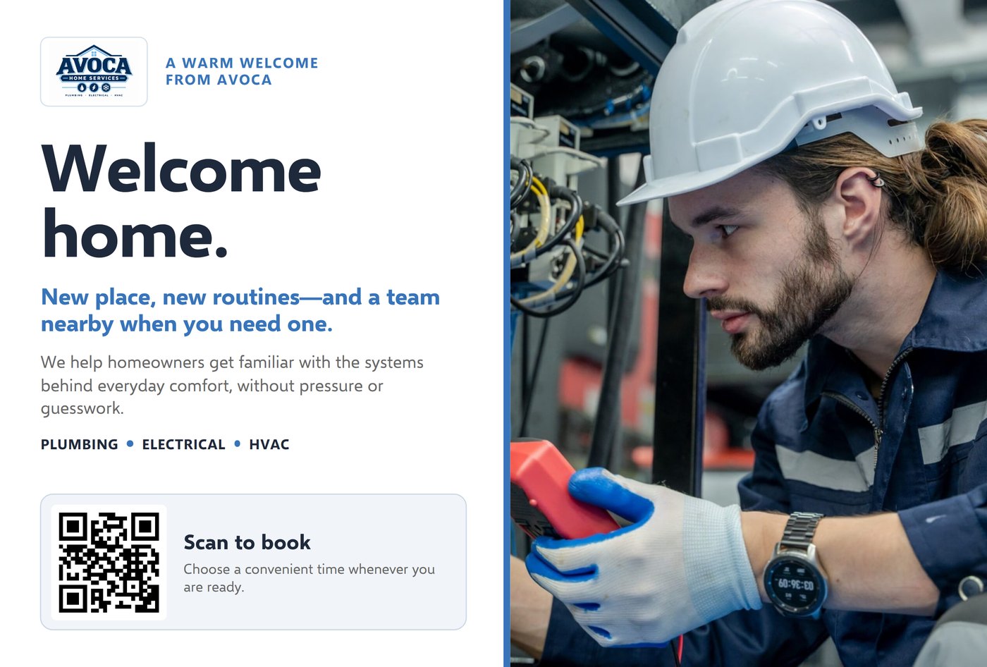 Front of a welcome mailer for new homeowners with a booking call to action