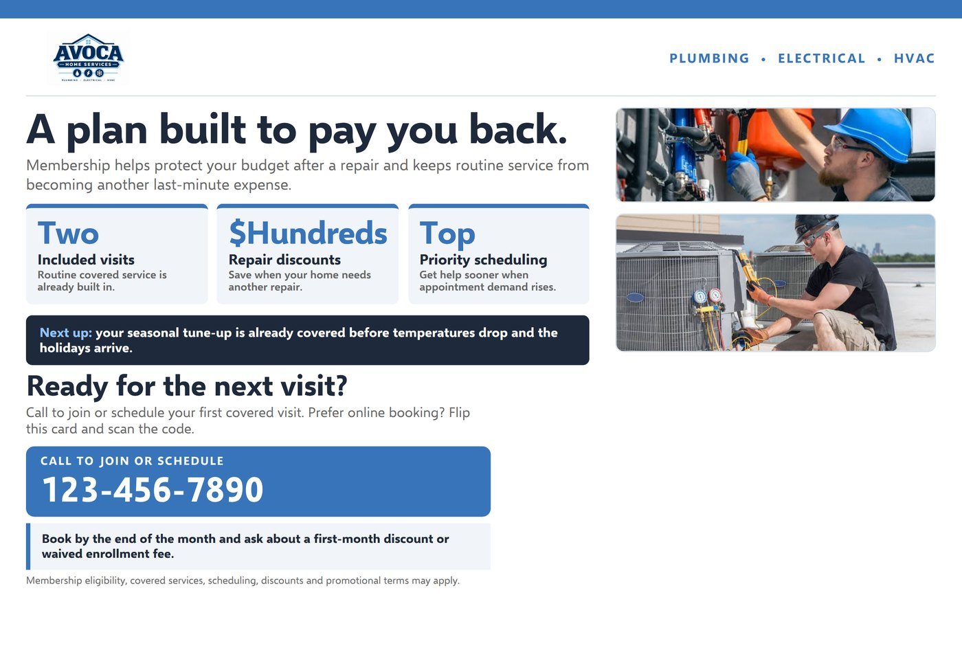 Back of a membership mailer listing plan benefits and how to book the first covered visit