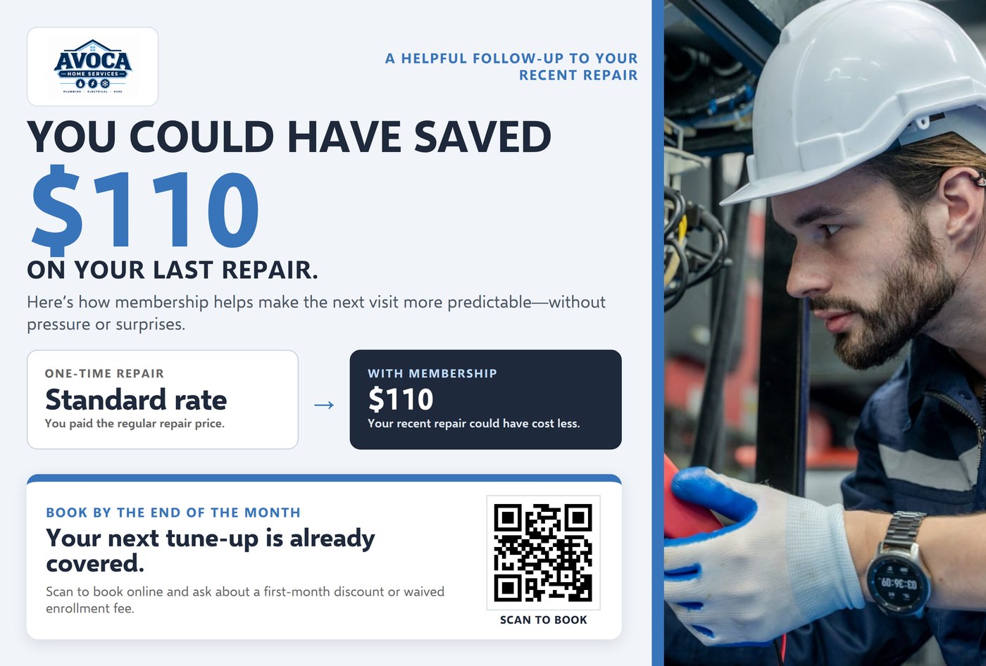Front of a mailer showing a one-time customer how much a membership would have saved on their last repair