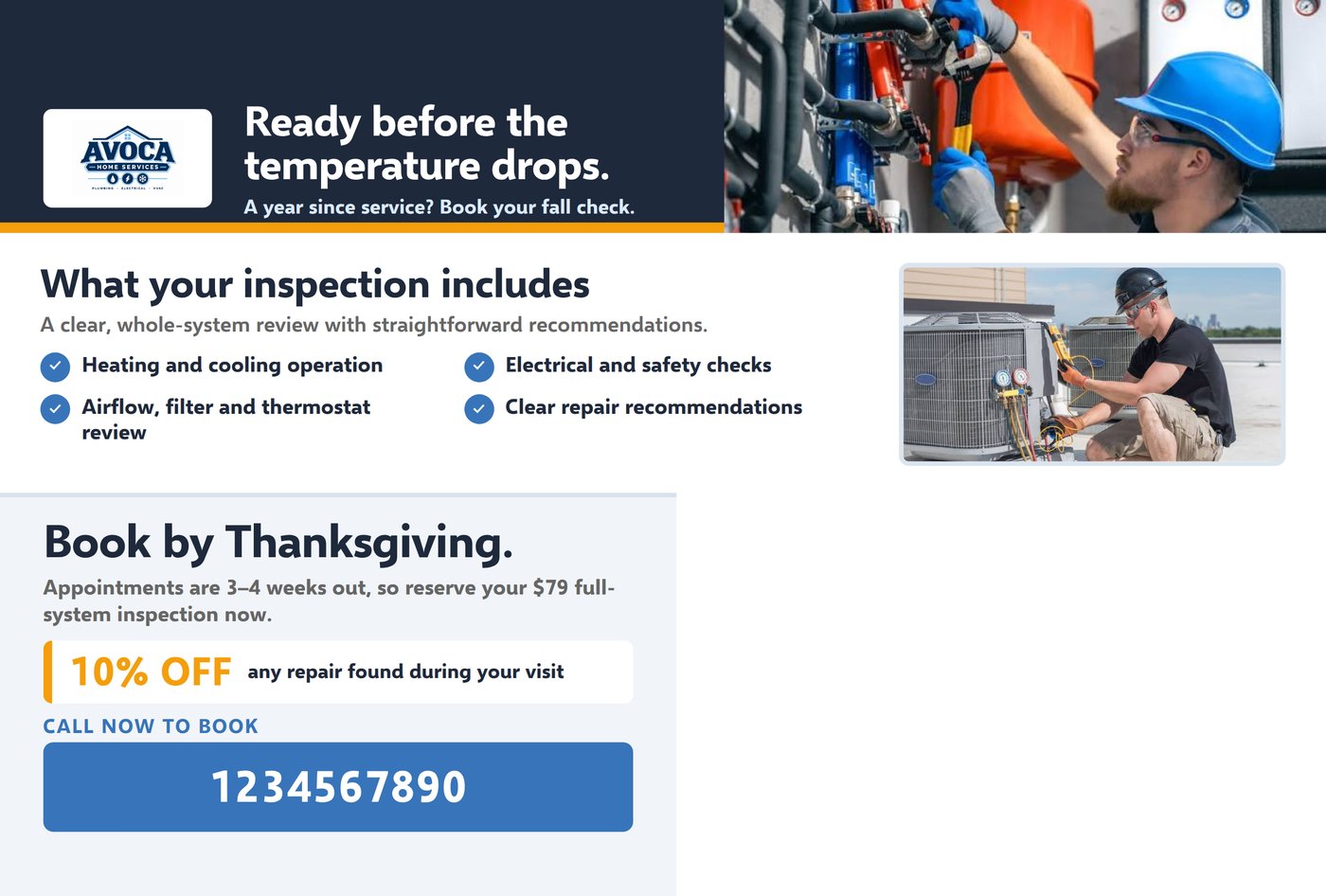 Back of a seasonal tune-up mailer listing what the inspection includes, with a phone number and QR code