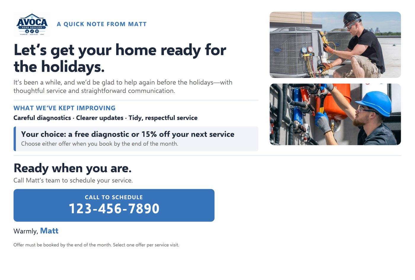 Back of a win-back mailer with offer details and a phone number to schedule