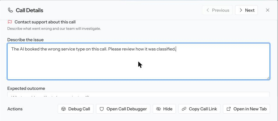 The Contact support about this call form with a description filled in