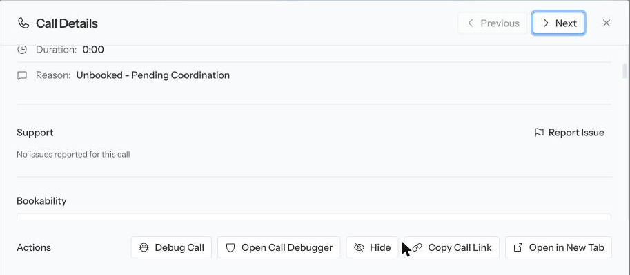 Call Details with a Report Issue button in the Support section