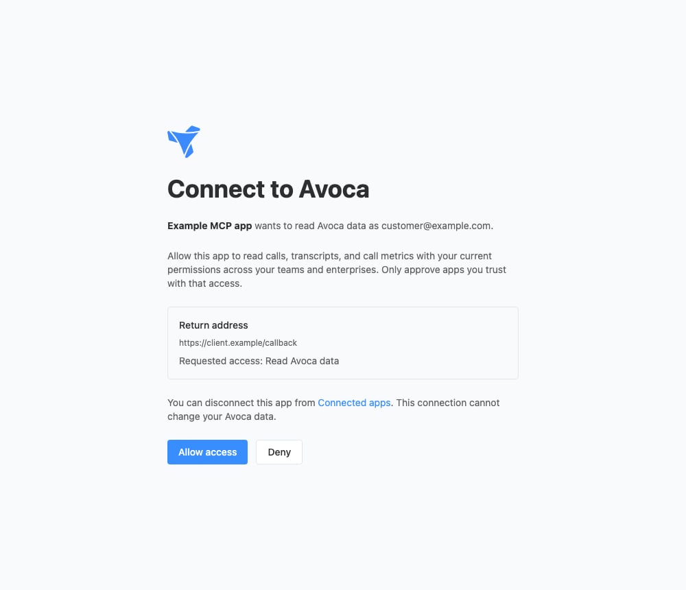 Example app requesting read-only Avoca data access