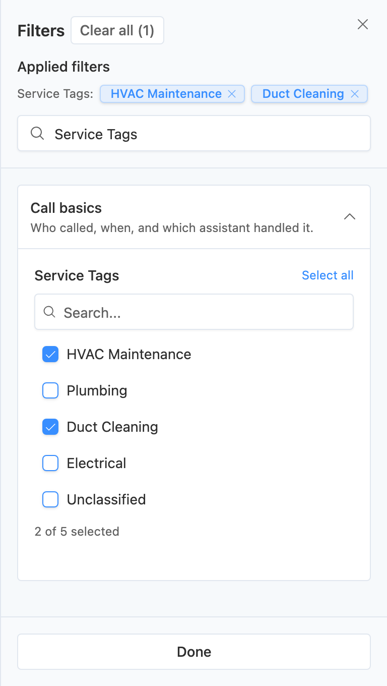 Calls filters with HVAC Maintenance and Duct Cleaning selected under Service Tags