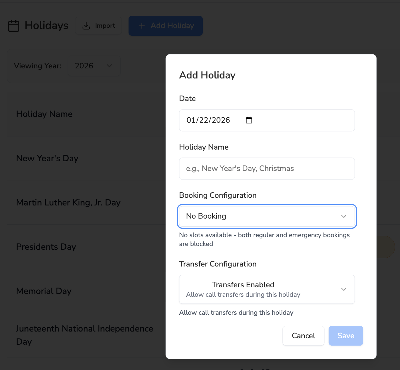 Add Holiday dialog with booking and transfer configuration