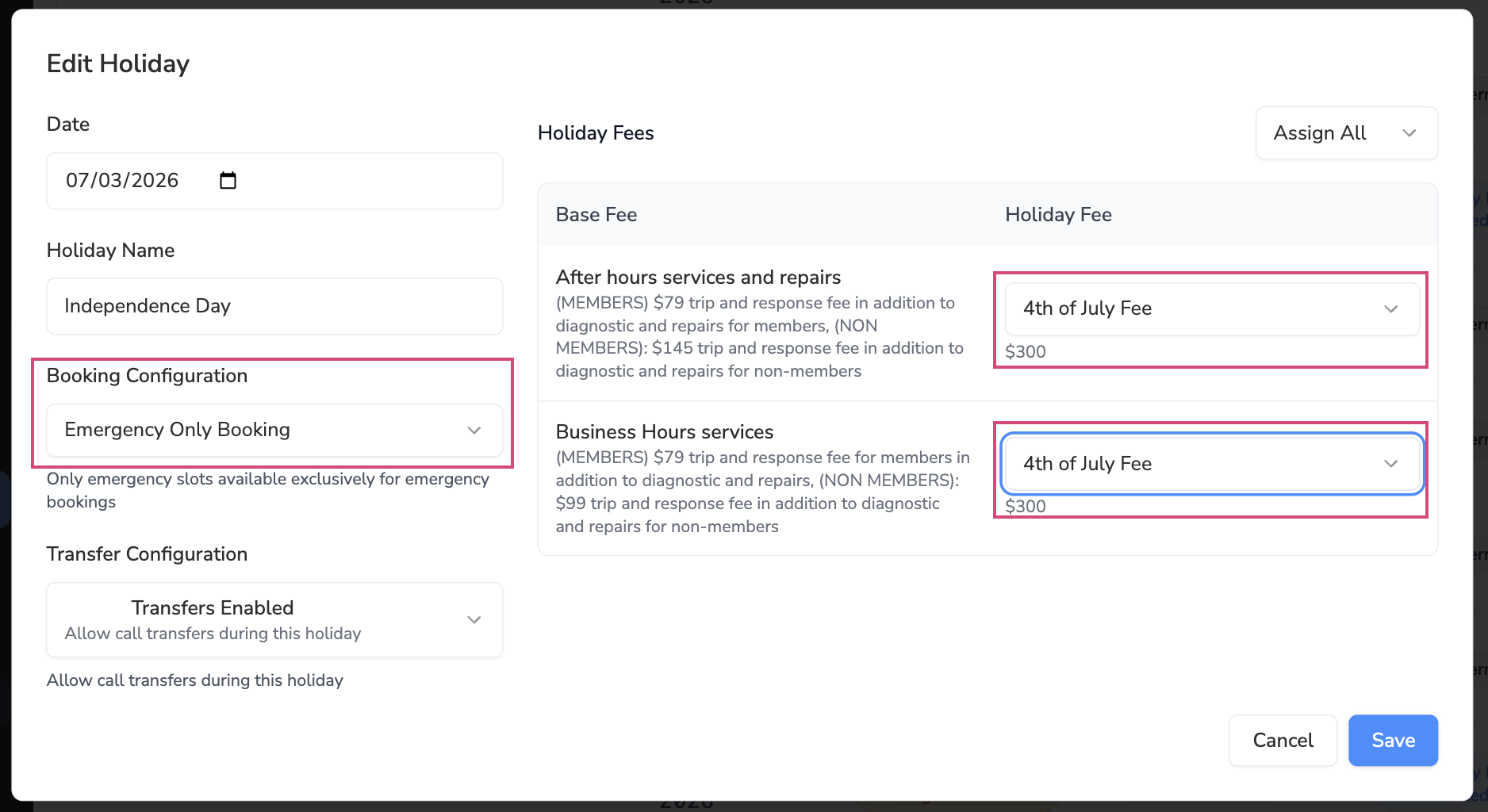 Edit Holiday dialog with an emergency-only booking mode and fee overrides