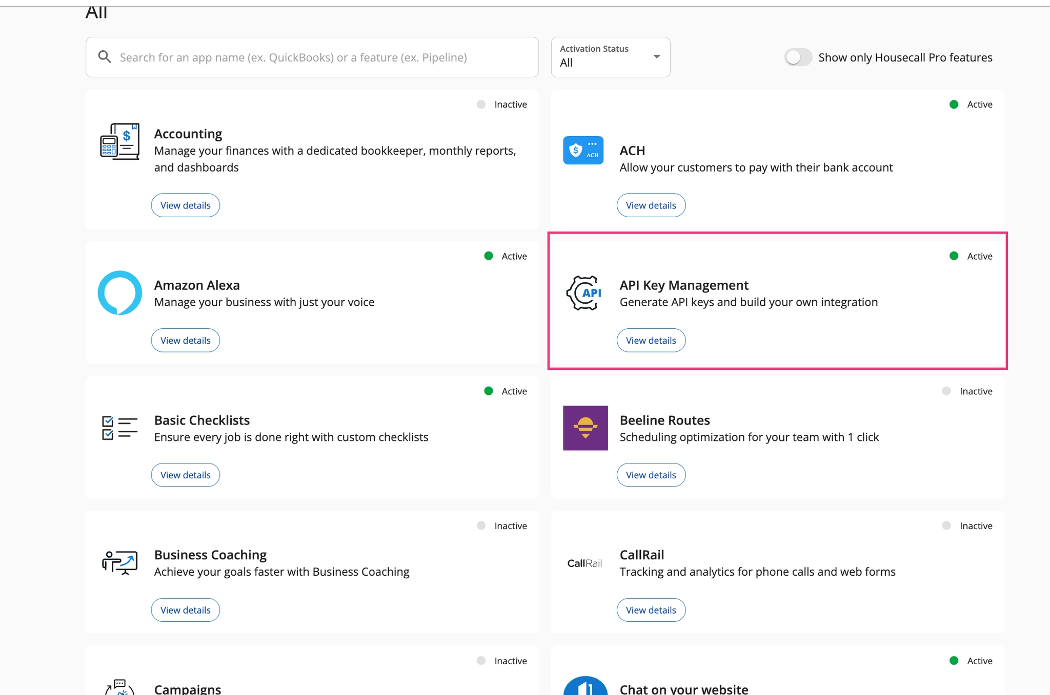 Housecall Pro App Store with API Key Management highlighted