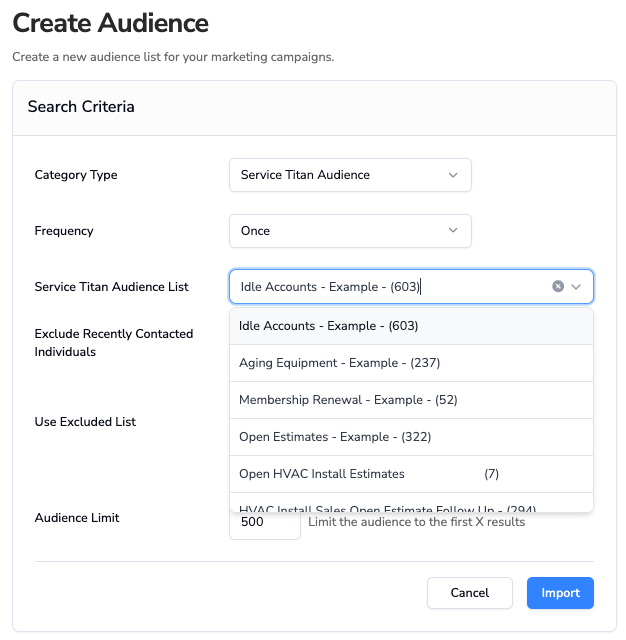 Create Audience with a ServiceTitan audience list