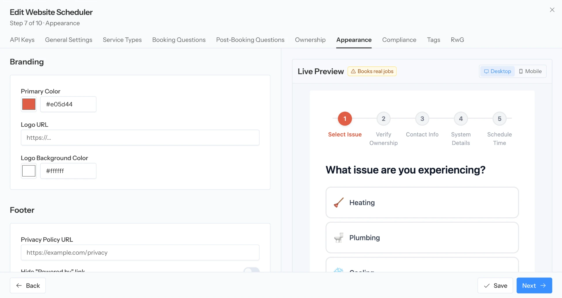 Appearance step with primary color, logo and footer settings