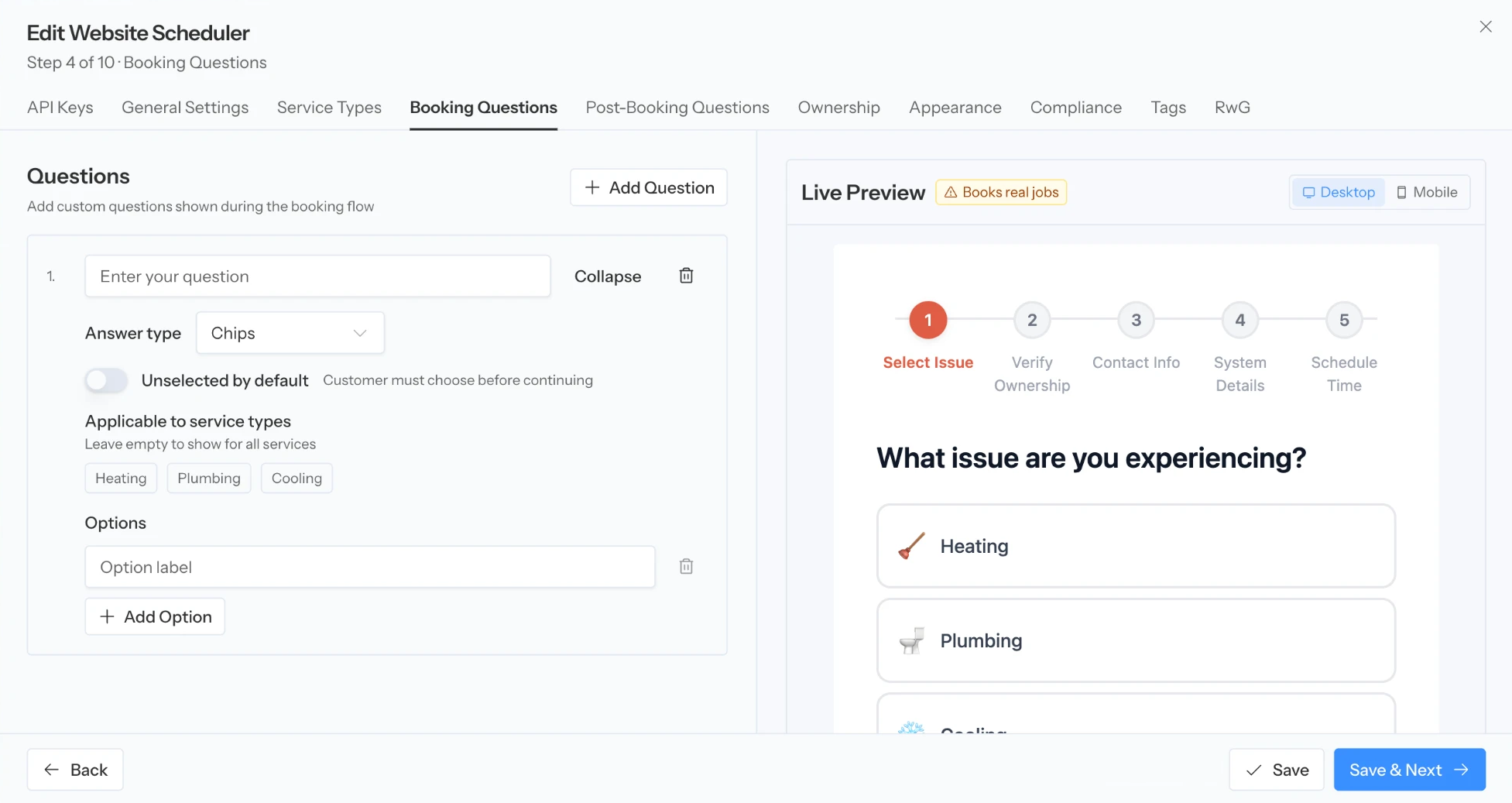 Booking Questions step with an Add Question button and an empty question