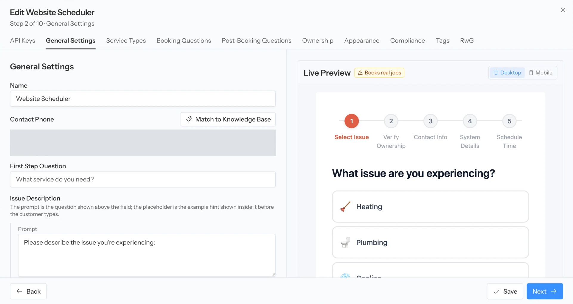 General Settings step with the scheduler name, contact phone and first step question