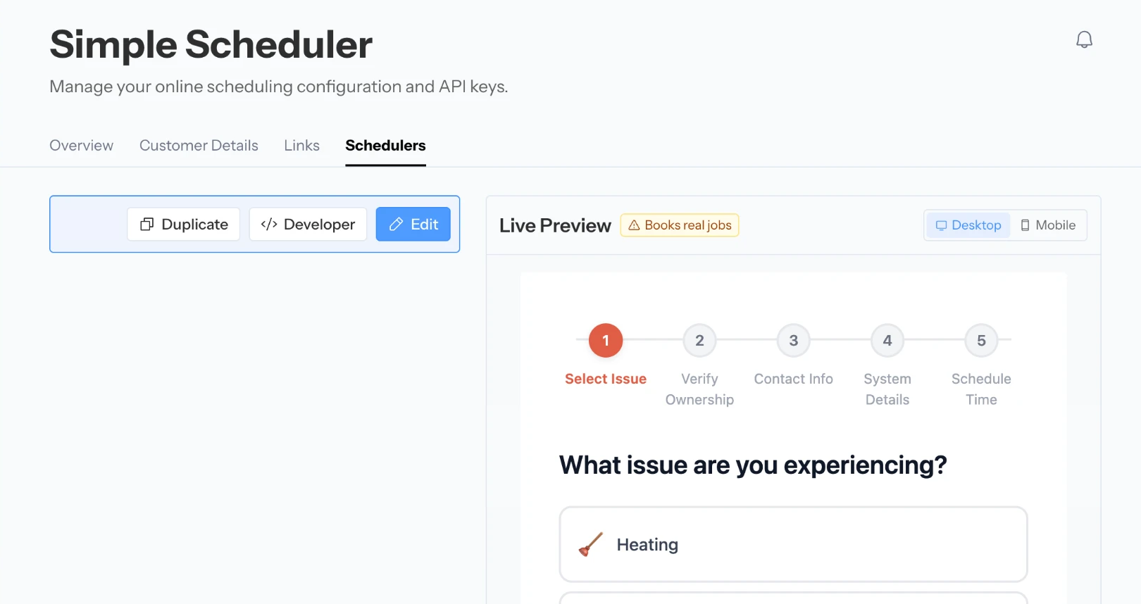 Schedulers tab with a scheduler card showing Duplicate, Developer and Edit buttons, and a live preview