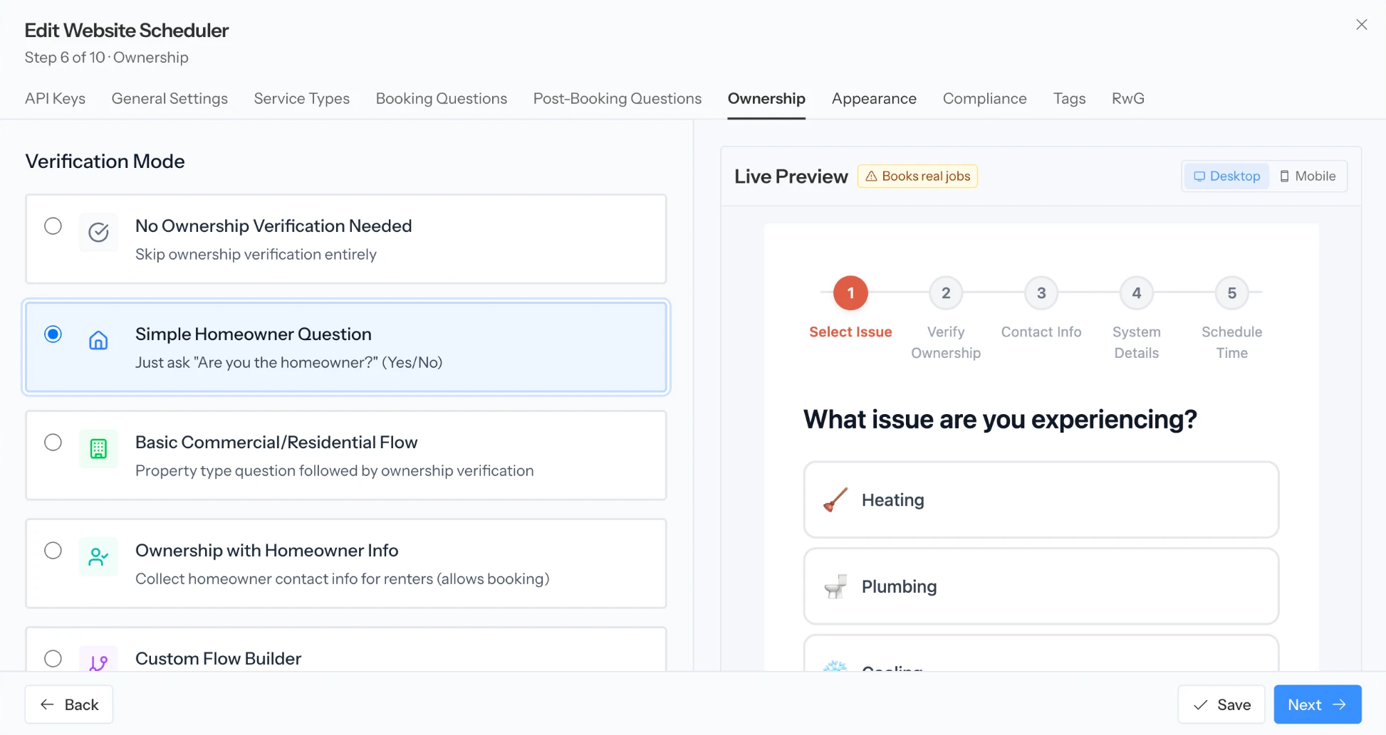 Ownership step showing verification modes, with Simple Homeowner Question selected