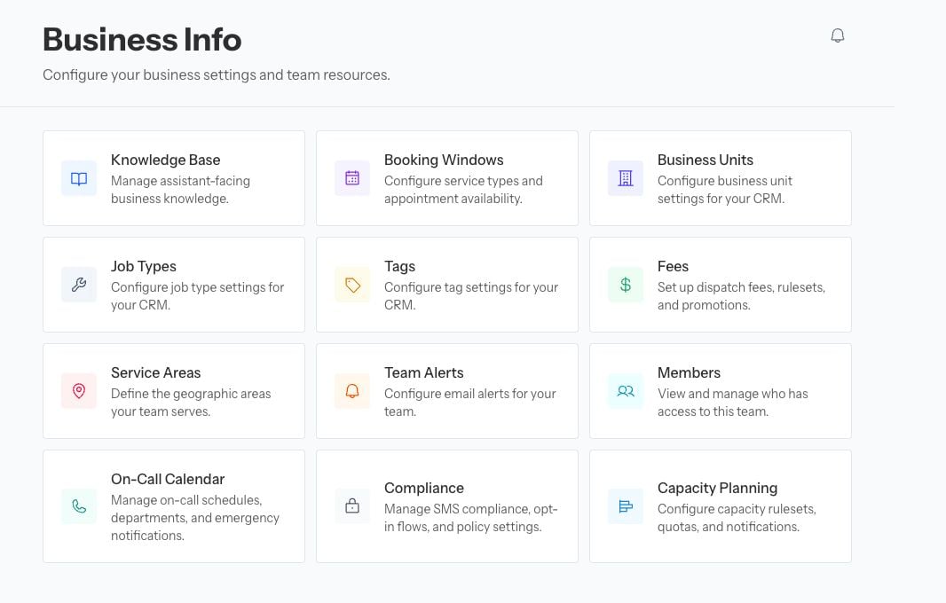 Business Info settings tiles for knowledge, booking, CRM data, alerts, members, and capacity