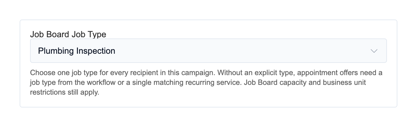 Job Board job-type selector with Plumbing Inspection selected