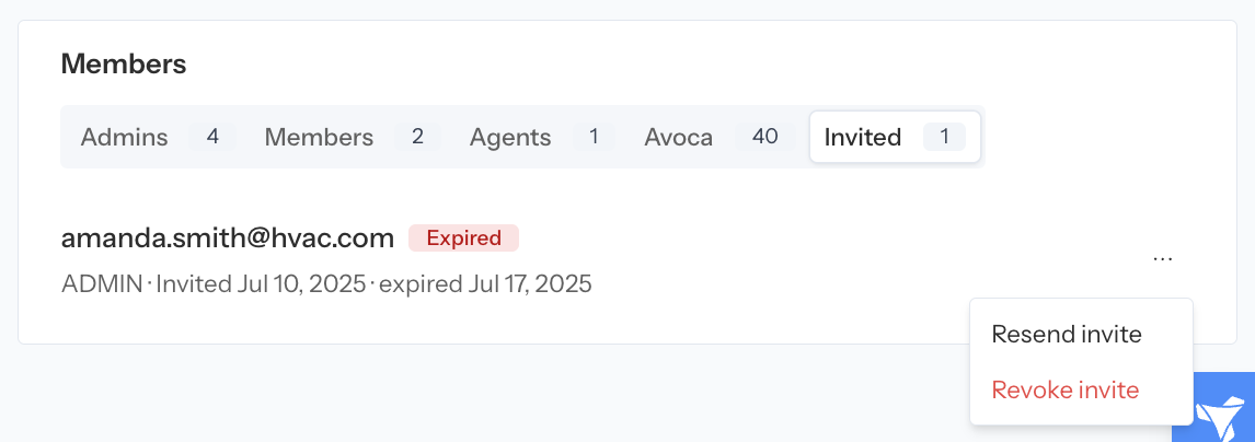Pending team invitation with resend and revoke controls