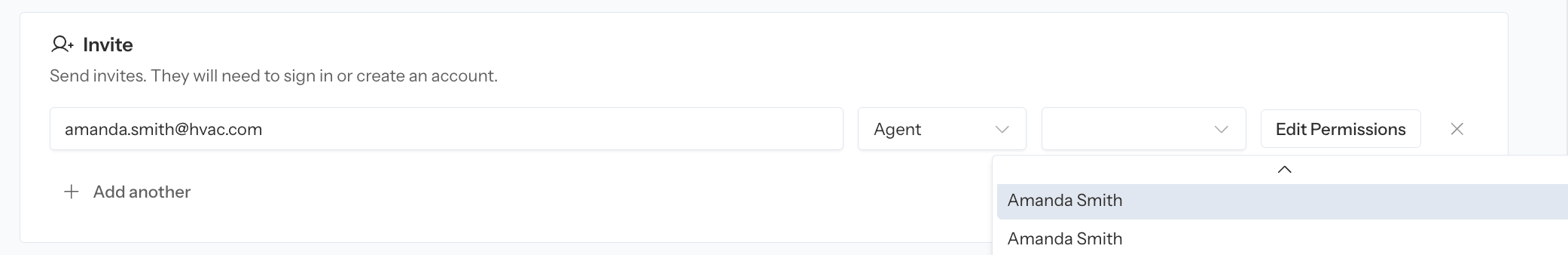 Team Members invitation form with email, role, ServiceTitan agent, and permission controls