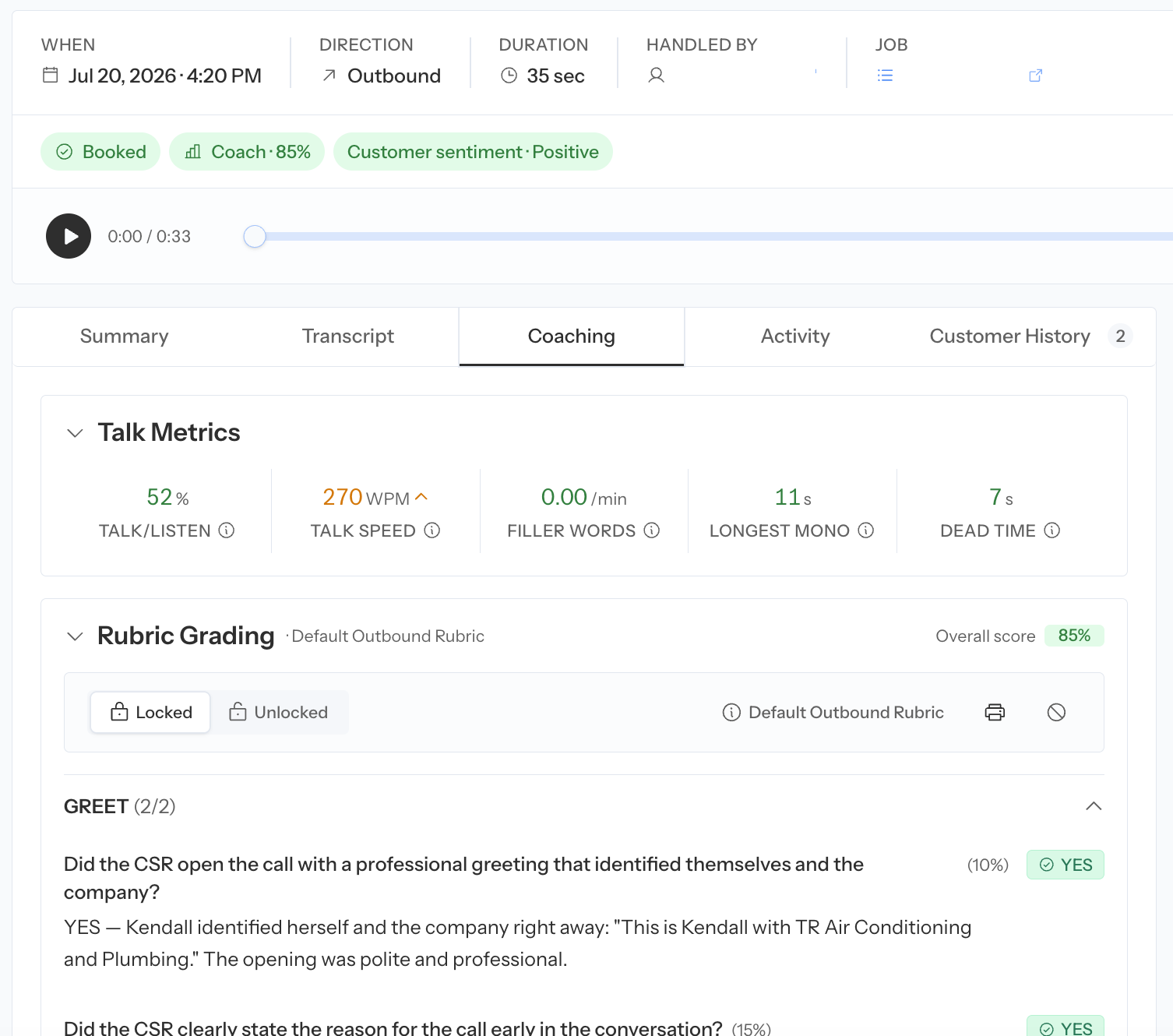 Coach Rubric Grading panel with criterion results and AI reasoning