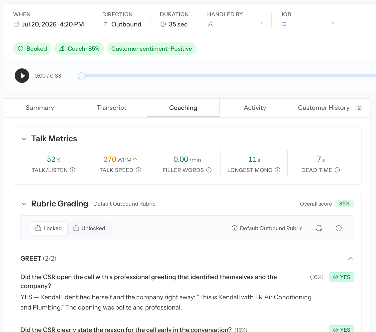 Coach Rubric Grading panel with criterion results and AI reasoning