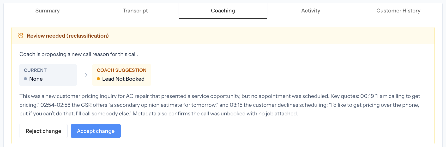 Coach call review showing AI classification suggestions and review controls