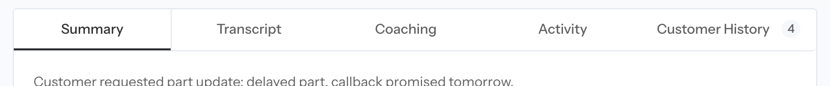 Coach call review tabs for Summary, Transcript, Coaching, Activity, and Customer History